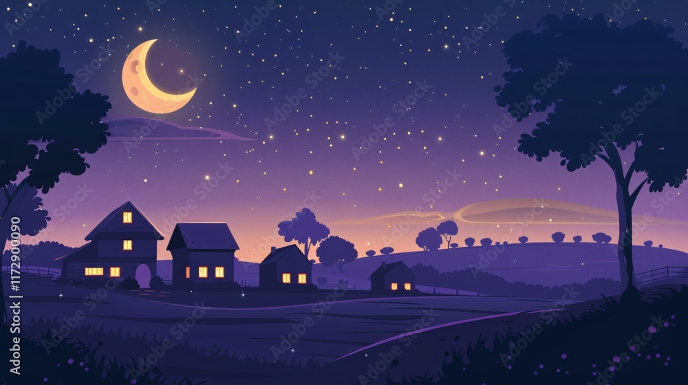 Fototapeta premium Serene Countryside Landscape with Crescent Moon in Dark Night Sky