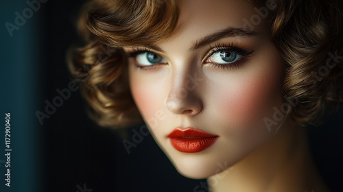 Wallpaper Mural A close-up portrait of a woman with curly hair, captivating blue eyes, and bold red lips, exuding elegance and allure. Torontodigital.ca