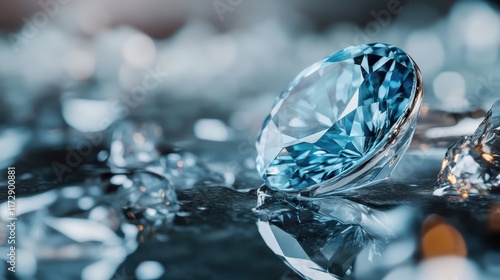 A majestic blue diamond peacefully rests on a reflective surface, surrounded by shimmering tiny stones, conveying richness, elegance, and timeless beauty. photo