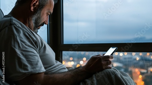 Elementary School Teacher Day. A man sitting by a window in a contemplative mood, holding a smartphone.