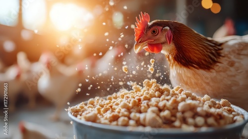 A hen hungrily pecks at food from a bucket, with warm sunlight bathing the scene, reflecting the serene simplicity and routines of rural farm life. photo