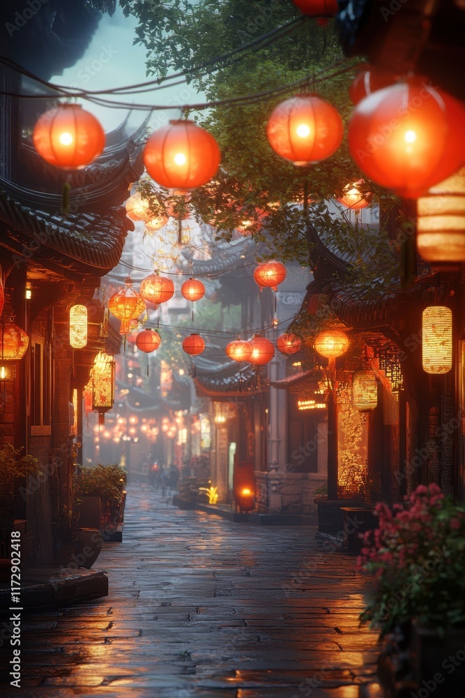 Illuminated lanterns adorn a festive street in Asia, creating a warm atmosphere for evening celebrations centered around local cuisine and culture Illuminated lanterns adorn a festive street in Asia, creating a warm atmosphere for evening celebrations centered around local cuisine and culture