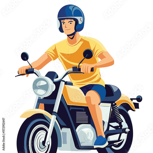 Rider in blue shorts on a yellow motorcycle.