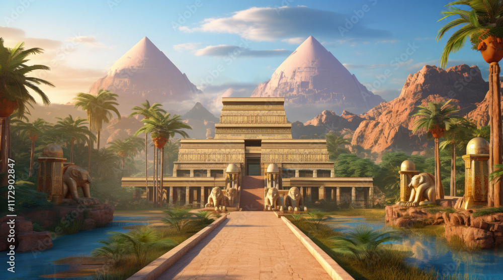 A view of ancient Egyptian buildings with pyramids