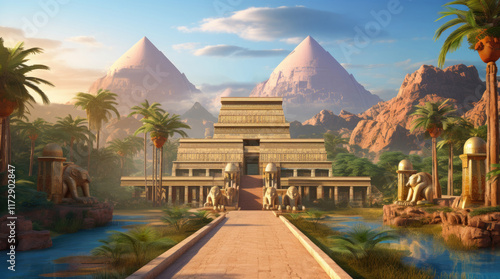 Obraz na płótnie A view of ancient Egyptian buildings with pyramids w salonie