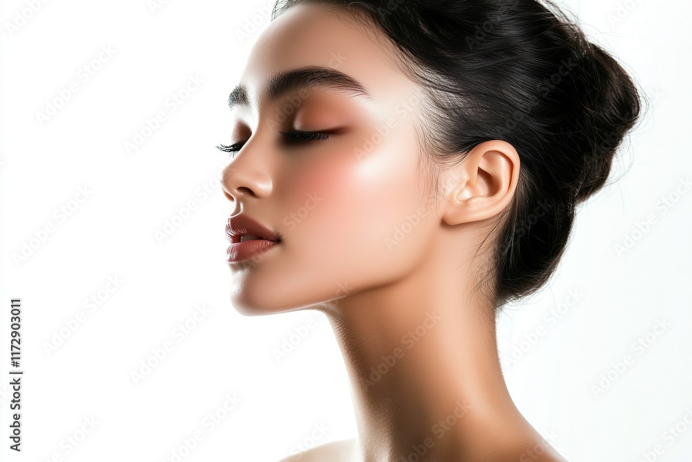 Fototapeta premium Close-Up Portrait of a Asian Woman Model for Skincare Advertisement, Isolated on White Background