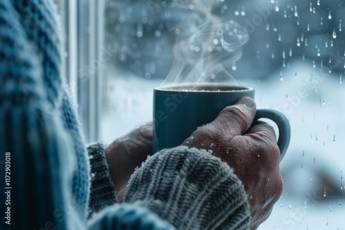 Blue Monday. A person in a cozy knit sweater holding a steaming mug of coffee, gazing out a window on a snowy day. photo