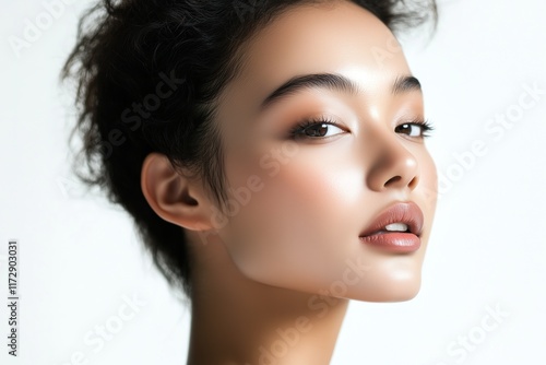 Close-Up Portrait of a Asian Woman Model for Skincare Advertisement, Isolated on White Background