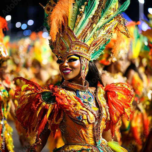 Foto woman in costume with feather headdress on her head, queen of the samba school,