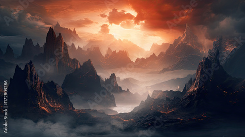 An illustration of a view with towering rocks