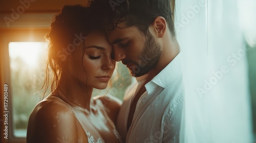 A romantic, intimate scene of a couple standing in close proximity, bathed in sultry golden light, depicting tenderness, love, and deep emotional connection.