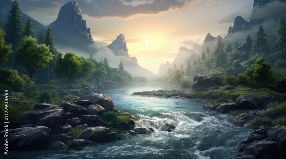 A view of a small river and rock hills in the morning