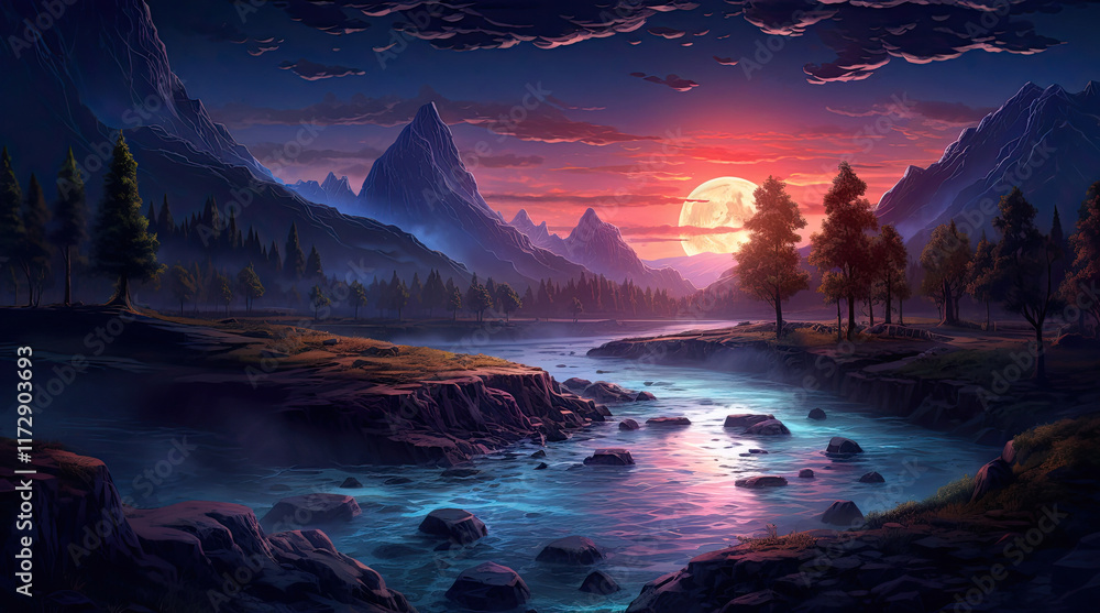 A view of a small river and rock mountains in the evening