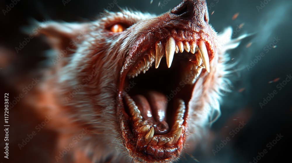 Obraz premium A fearsome wolf snarling with its mouth agape, revealing sharp, menacing teeth, conveying intense aggression and raw animalistic energy.