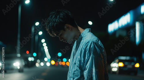 Night Cityscape: Pensive Young Man in Striped Shirt Amidst City Lights