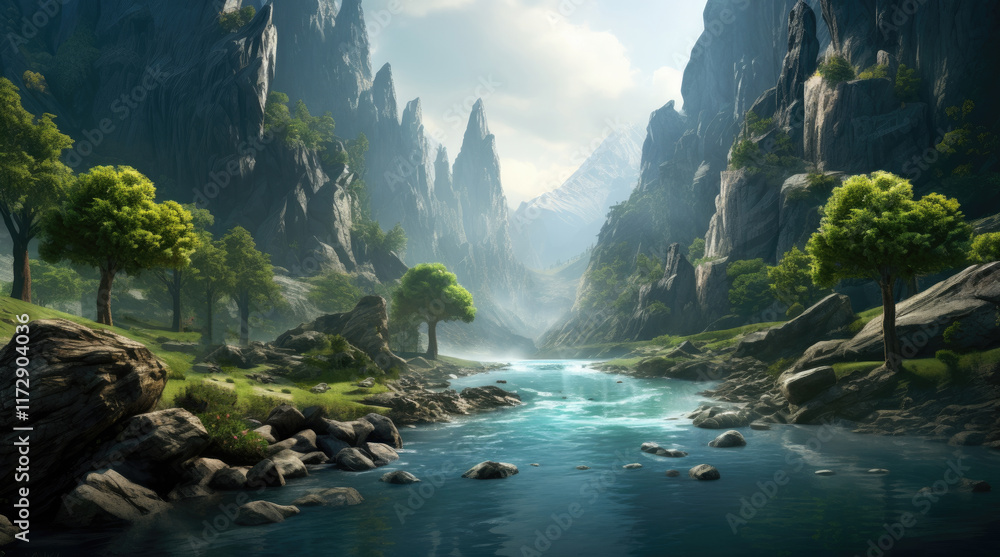 A view of a small river and towering rocks