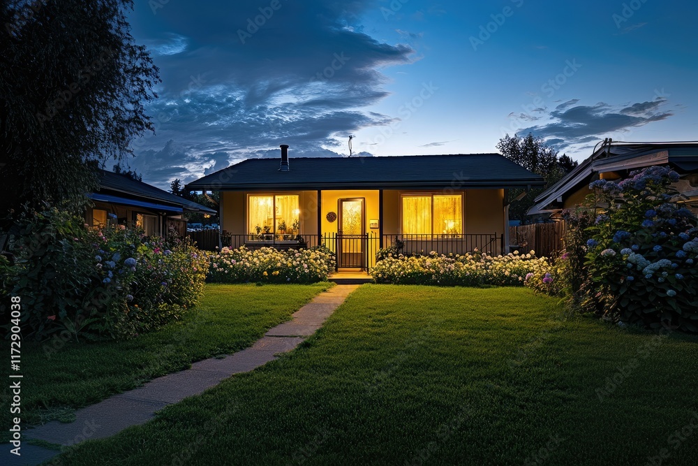 Suburban House at Dusk: Illuminated Home with Lush Garden, Pathways, and Neighboring Buildings Suburban House at Dusk: Illuminated Home with Lush Garden, Pathways, and Neighboring Buildings