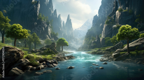 A view of a small river and towering rocks