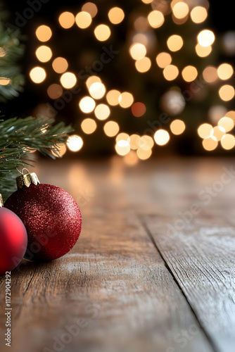 Festive red ornaments rest on rustic wood, bokeh Christmas tree lights background; ideal for holiday greeting cards or advertisements