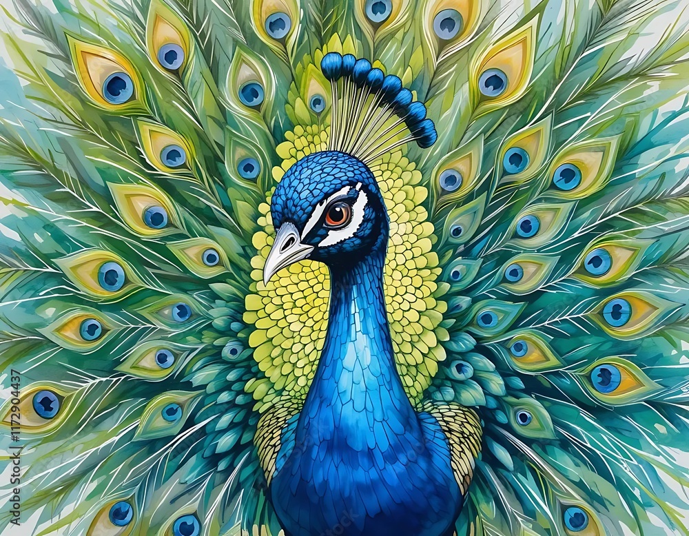 Fototapeta premium A watercolor painting of a peacock with its feathers fully spread in vibrant colors.
