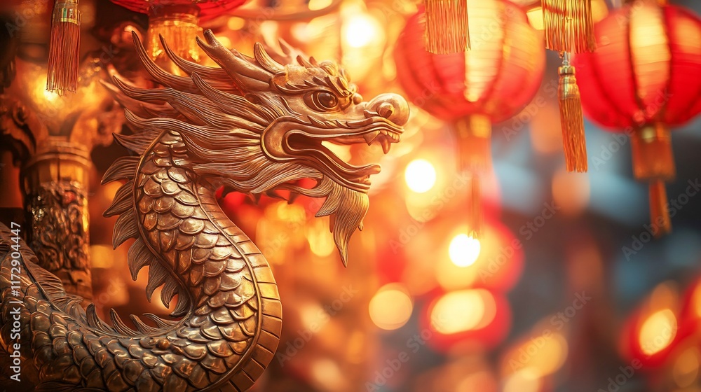 Fototapeta premium Decorative golden dragon figurine in front of blurred red lanterns.