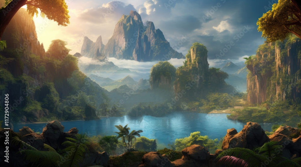A view of a large pond and rock mountains