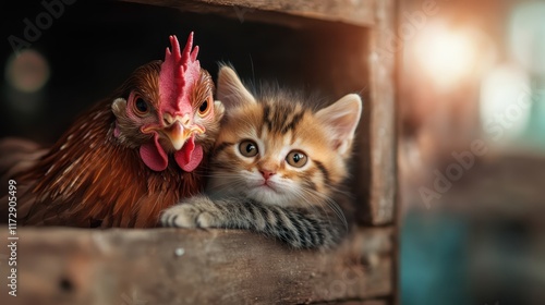 A curious kitten and a chicken share a warm moment in a wooden setting, their expressions revealing a delightful mix of curiosity and unexpected friendship. photo