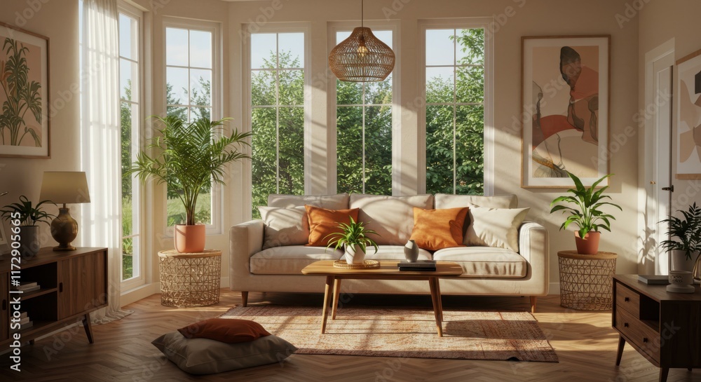Fototapeta premium Cozy living room, warm sunlight, large windows, lush green plants, beige sofa, orange accent pillows, wooden coffee table, neutral color palette, framed artwork, natural textures, jute rug, bohemian d
