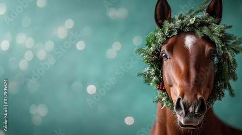 A brown horse is elegantly adorned with a green holiday wreath on its head, set against a green backdrop with sparkling bokeh effect, conveying festive joy. photo