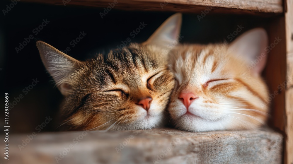 A heartwarming scene of two cats, one striped and one ginger, sleeping cozily against each other in a wooden nook, evoking feelings of serenity and warmth. A heartwarming scene of two cats, one striped and one ginger, sleeping cozily against each other in a wooden nook, evoking feelings of serenity and warmth.