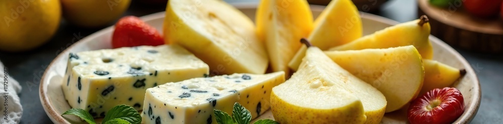A plate of blue cheese and pears arranged in a pattern, fruit and cheese, platter, blue cheese A plate of blue cheese and pears arranged in a pattern, fruit and cheese, platter, blue cheese