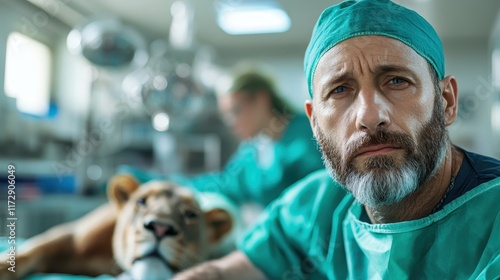 A veterinarian in surgical attire performs an operation on a tranquilized lion in a medical setting, showcasing the care and expertise of wildlife health professionals. photo