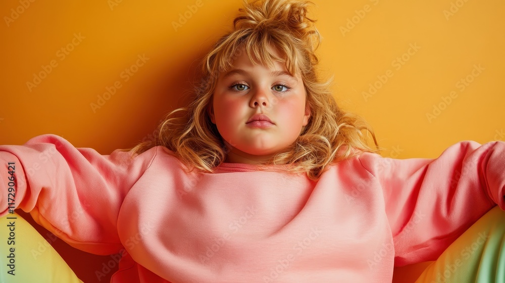 A child dressed in a pink sweater lounges comfortably against a vibrant yellow background, illustrating youthful exuberance and carefree spirit with a modern style. A child dressed in a pink sweater lounges comfortably against a vibrant yellow background, illustrating youthful exuberance and carefree spirit with a modern style.