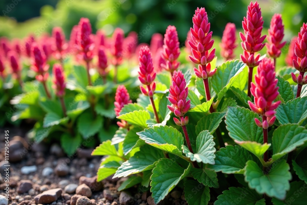 Drought-tolerant Stachys sylvatica foliage in a dry garden bed, hedging plant, herbaceous perennial, spring growth Drought-tolerant Stachys sylvatica foliage in a dry garden bed, hedging plant, herbaceous perennial, spring growth