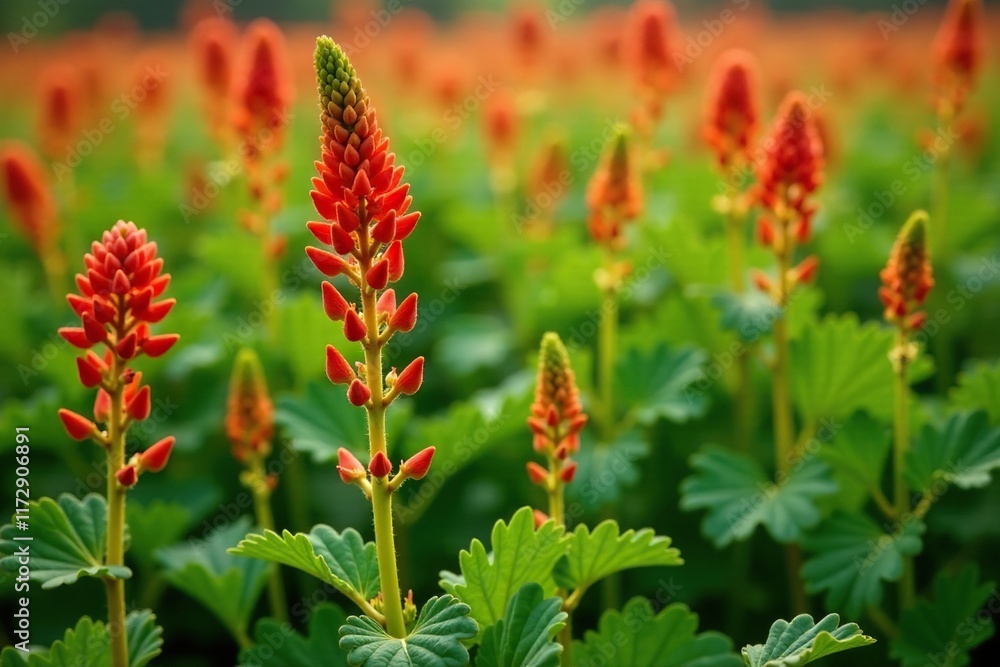 Field of Amaranthus cruentus with a few sprouts, brown, green Field of Amaranthus cruentus with a few sprouts, brown, green