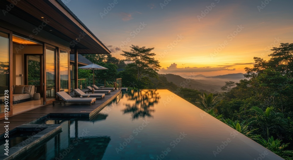 Fototapeta premium Luxury tropical villa, infinity pool, sunset view, lush jungle landscape, modern architecture, reflective water surface, golden hour light, expansive balcony, floor-to-ceiling windows, tranquil atmosp