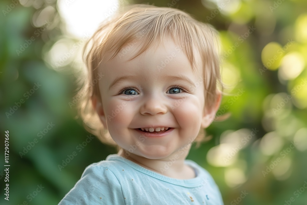 Joyful child with bright smile, surrounded by lush greenery, exu Joyful child with bright smile, surrounded by lush greenery, exu