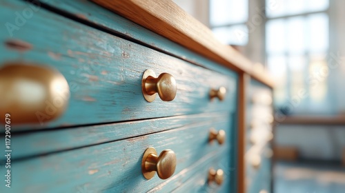 An artistic close-up of a distressed turquoise cabinet featuring golden handles, capturing an urban rustic aesthetic that's both eclectic and inviting. photo