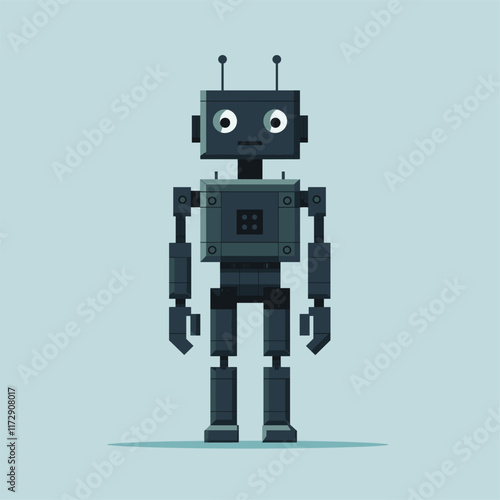 Robot in pixel art style against light blue background.