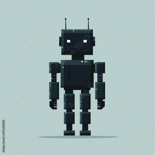 Robot in pixel art style against light blue background.