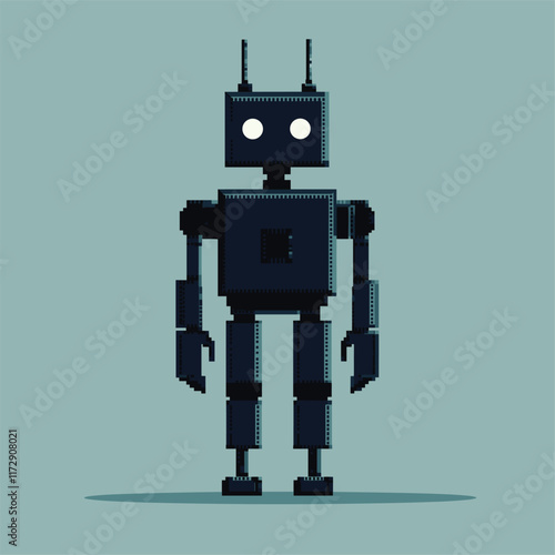 Robot in pixel art style against light blue background.