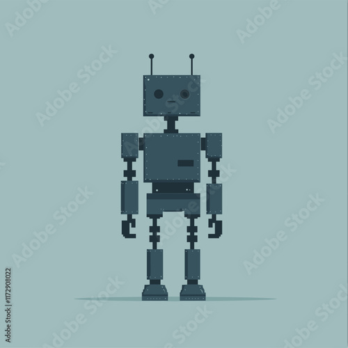Robot in pixel art style against light blue background.
