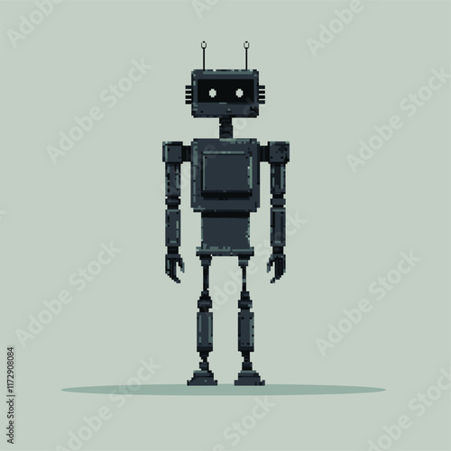 Robot in pixel art style against light blue background.