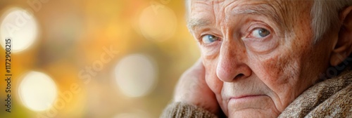 Wrinkled Face, Timeworn Wisdom A Close-Up Portrait of a Senior Man s Sorrow with Copy Space photo