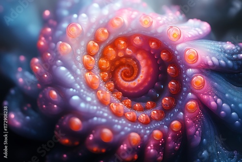 Abstract spiral with vibrant colors and glowing orbs. photo