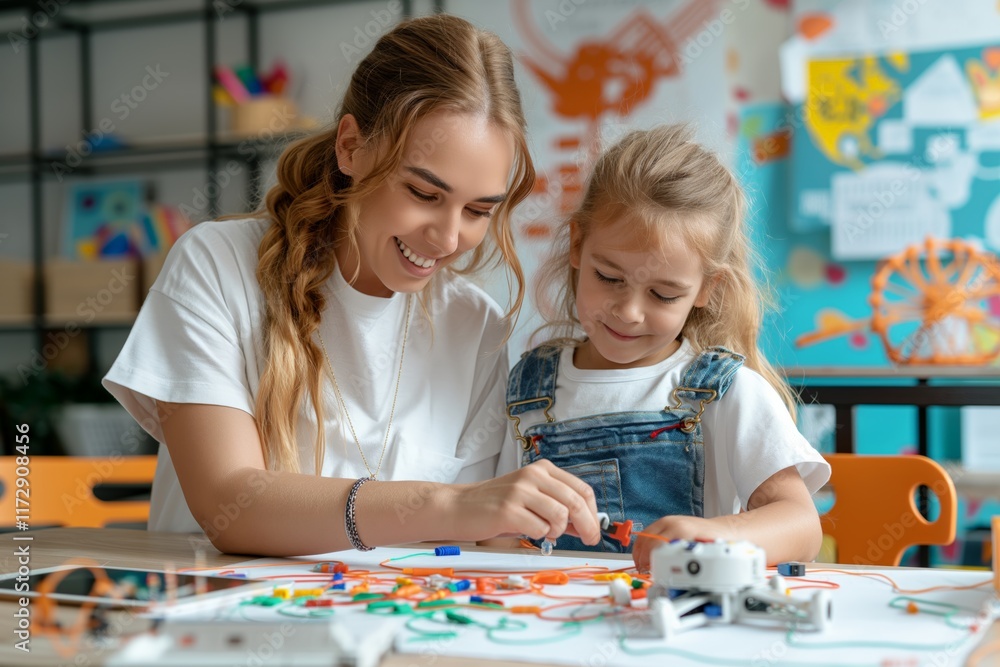 Fototapeta premium Elementary School Teacher Day.Two young children working together on a robotics project in a creative and playful environment.