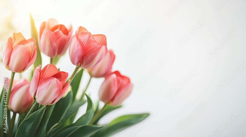A bouquet of pink tulips with fresh green leaves, bathed in soft natural light against a light background. A bouquet of pink tulips with fresh green leaves, bathed in soft natural light against a light background.
