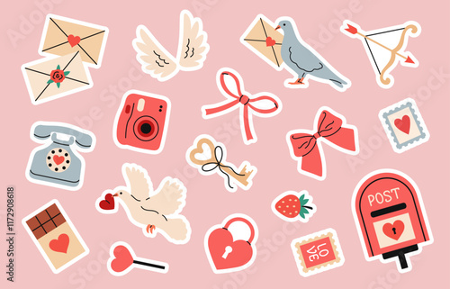 Set of cute valentine's day stickers. Symbol of love