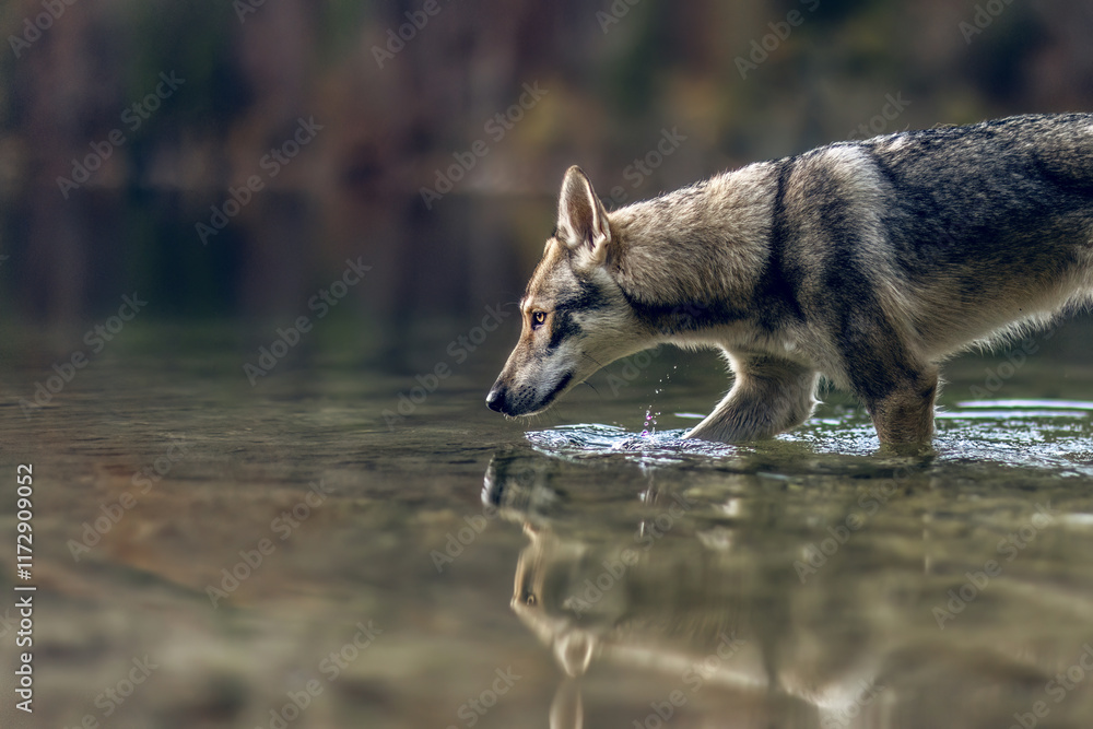 A wolf dog hybrid walking in the water of a lake outdoors