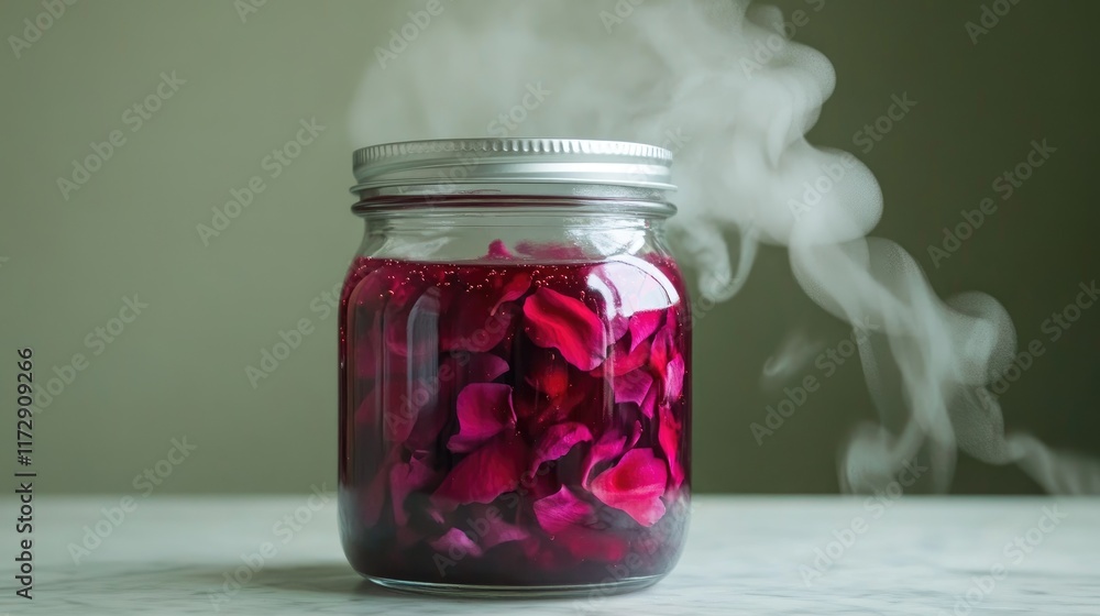 A jar filled with rose petals and steam, suggesting a soothing or aromatic purpose. A jar filled with rose petals and steam, suggesting a soothing or aromatic purpose.